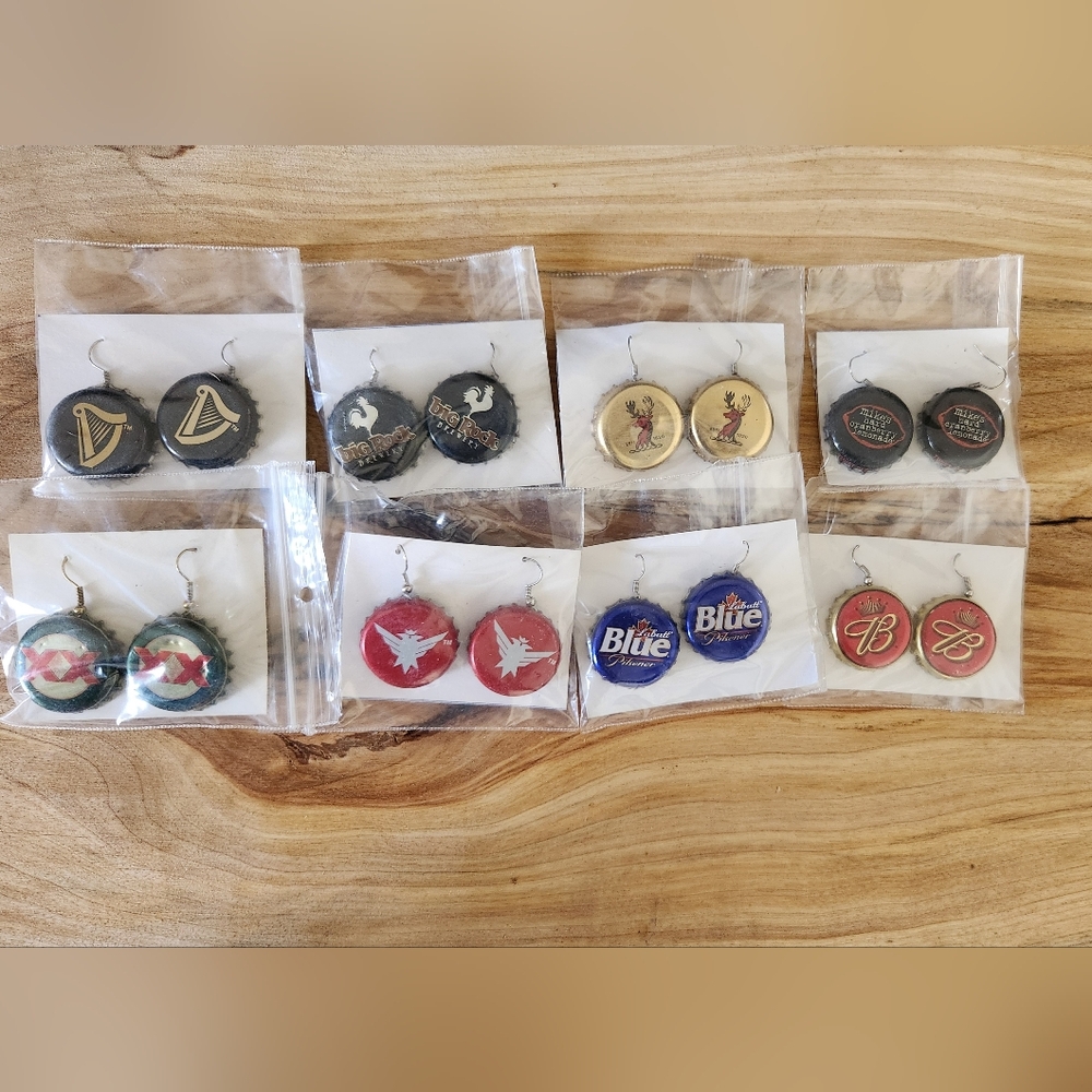 Assorted Vintage Bottle Cap Earrings Growers, Mikes Hard, Budweiser,‎ Stella